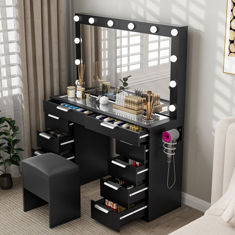 Meuble-lavabo à 10 tiroirs avec grand miroir, Noir, noir, noir, noir