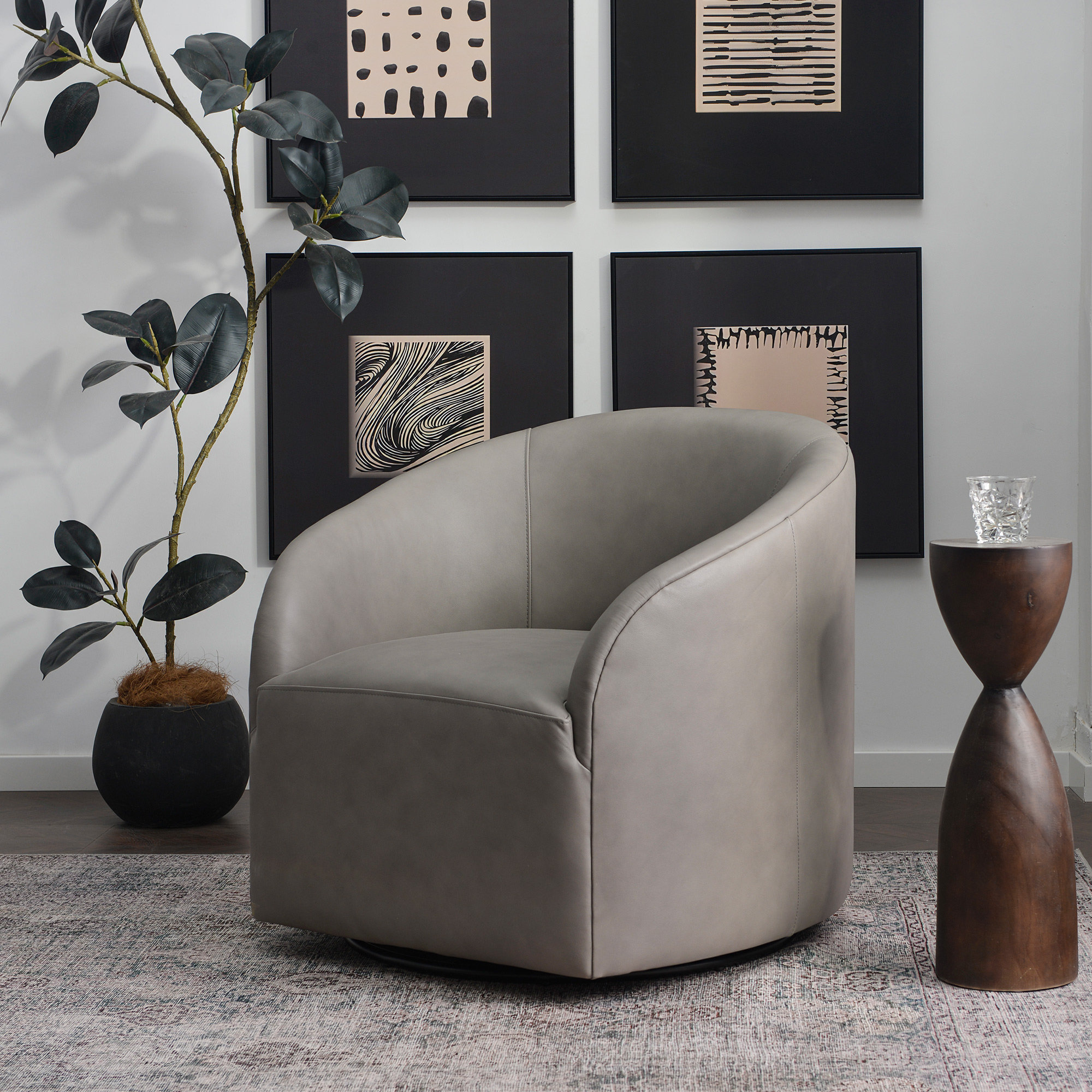 Orion Genuine Leather Swivel Barrel Armchair, Gray