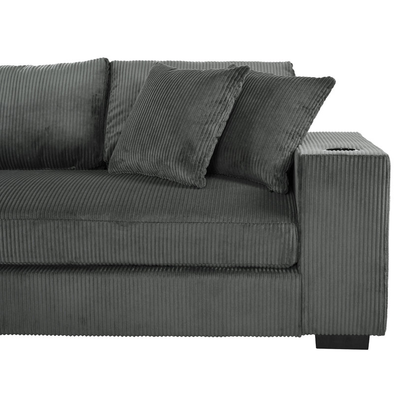 Grand canapé modulaire avec coussins épais et porte-gobelets intégrés et ports de chargement, Velours côtelé gris