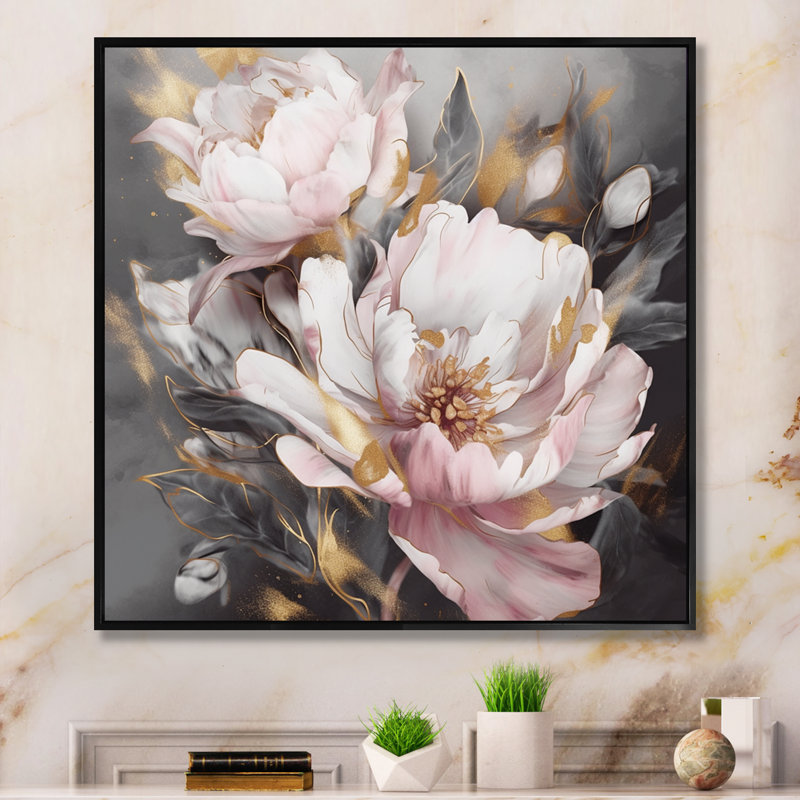 Pink Grey Peonies Elegance II - Print, 36" H x 36" W, Floater Framed, Black