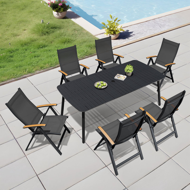 6 - Person 81.5'' L X 38'' W Rectangular Patio Dining Set with Umbrella Hole, Aluminum Frame and Folded Reclining Armchairs
