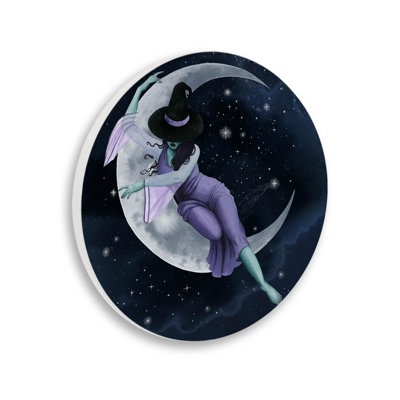 Plaque murale circulaire en forme de croissant de lune Witch, 12 po de diamètre par Grace Popp