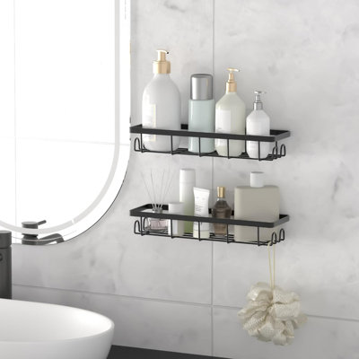 Ensemble de 2 paniers de douche adhésifs avec crochets - Organisateur de salle de bain en métal noir sans perceuse