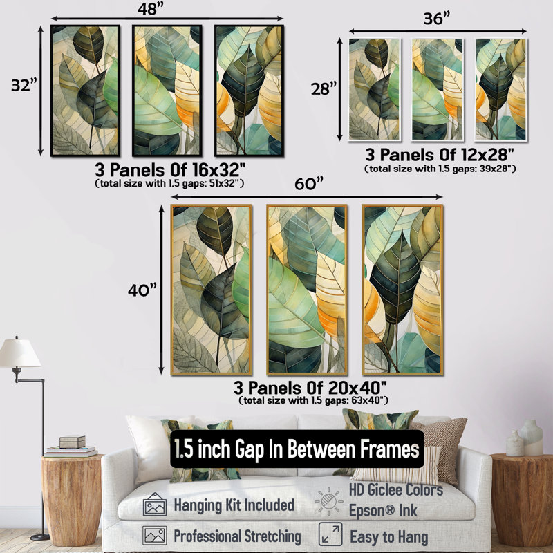 Feuilles vertes et jaunes - ensemble d'art mural sur toile feuilles, Cadre flottant noir, H 40 po x l 60 po x P 1 po