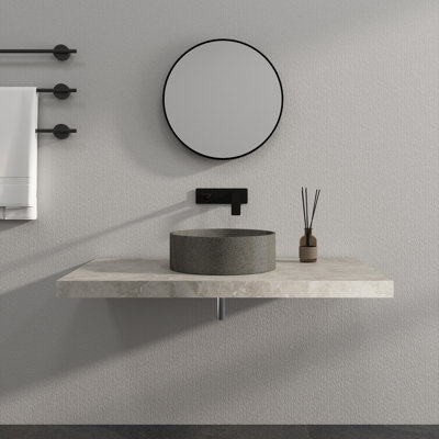 15.7" Stone Zen Bathroom Sink Solid Surface Round Vessel Basin Artistic Style Sink In Black Travertine Veining