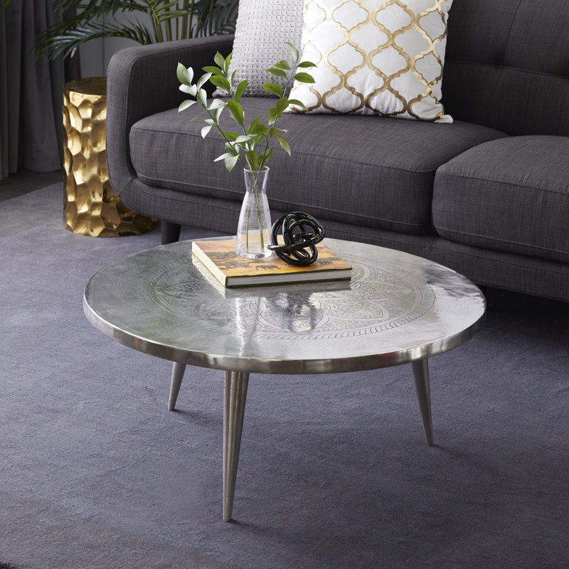 Silver Aluminum Floral Coffee Table with Etched Design