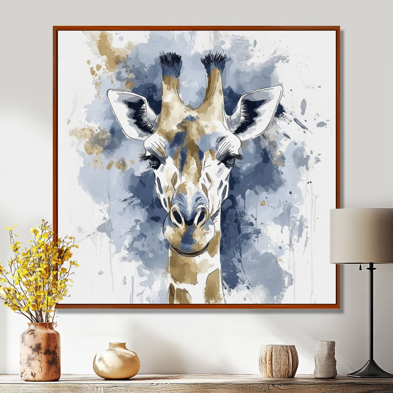 «Blue and Gold Giraffe Portrait I - Girafe», art mural, Reproduction avec cadre flottant, Brun, H 16 po x l 16 po