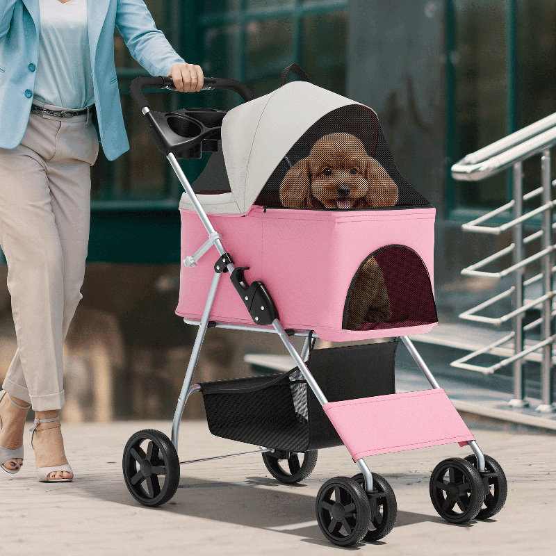 3-In-1 Pet Stroller Foldable Pet Stroller With Weather Cover Storage Basket For Dog Cat, Pink