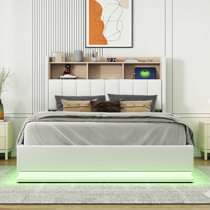 Faux Leather Platform LED Bed Frame with Storage Drawers and USB