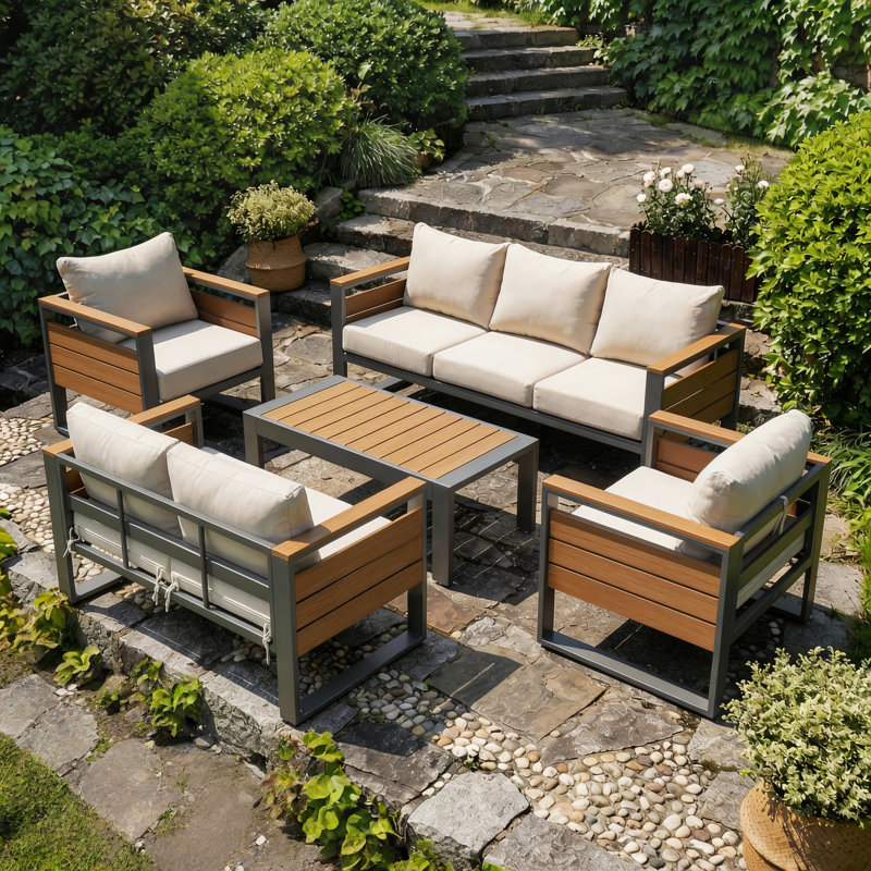 Aluminum Patio Furniture Set, 7-Person Outdoor Sectional Sofa With Coffee Table, Patio Conversation Sets With Thick Cushion & Wide Armrest For Yard, Deck