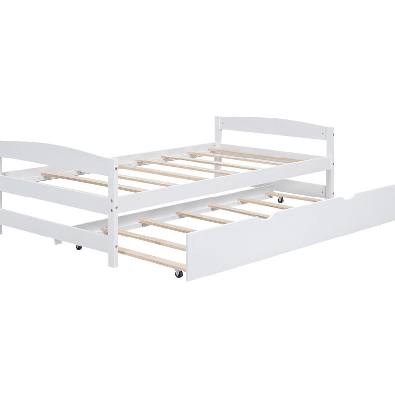 White Twin Size Platform Bed With Movable Trundle - Wood Structure Trundle, Strong Bedroom