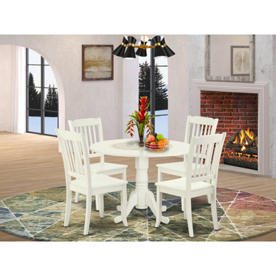 5 Piece Dining Room Furniture Set Includes a Round Kitchen Table with Dropleaf and 4 Dining Chairs, Linen White