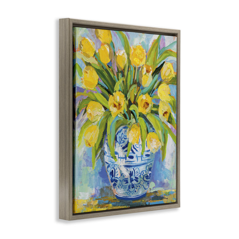 Tulipes jaunes expressives dans un vase, Cadre flottant orme Montalcino, H 21 po x l 17 po