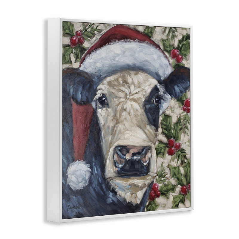Vache avec houx festif, art de la giclée encadrée par Sara G. Designs, Estampe numérique encadrée blanc bord de mer