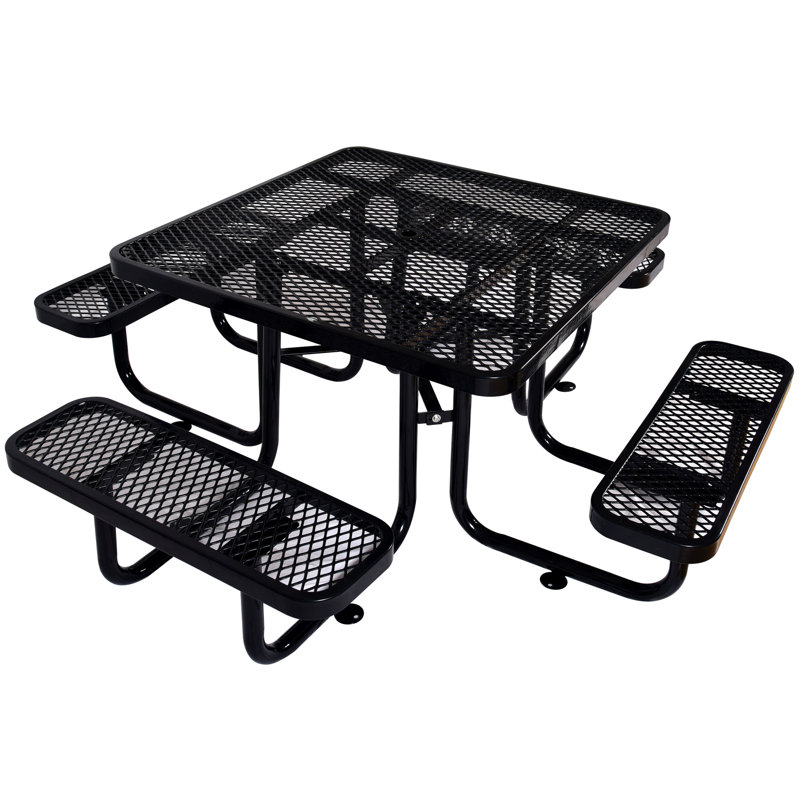 Table de pique-nique carrée d'extérieur en acier avec mât de parasol, Noir