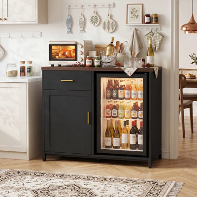 Bar avec prise de courant et mini espace réfrigérateur, mini support armoire avec tiroir et porte-verre à vin