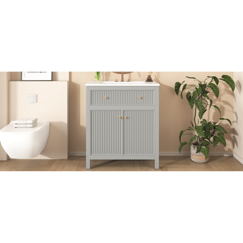 Meuble-lavabo gris avec lavabo en céramique - attrait moderne, structure en bois massif, évier d'armoire de rangement généreux de 30 po, finition et options spacieuses