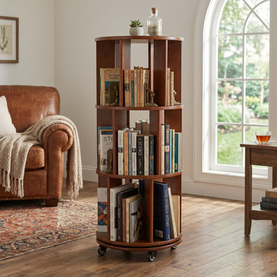 360° Rotating Solid Rubber Wood Bookshelf, Equipped With Brake Wheels For Small Space, Corner Bookcase For Bedroom, Living Room, Study Room