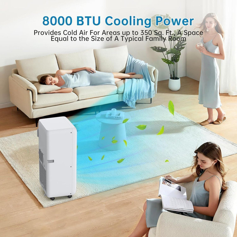 Climatiseur portatif 8-en-1 8 000 BTU avec télécommande, refroidit 350 pieds carrés, déshumidificateur et ventilateur, mode veille, minuterie 24H, ensemble de fenêtre pour la chambre à coucher, bureau, blanc et noir