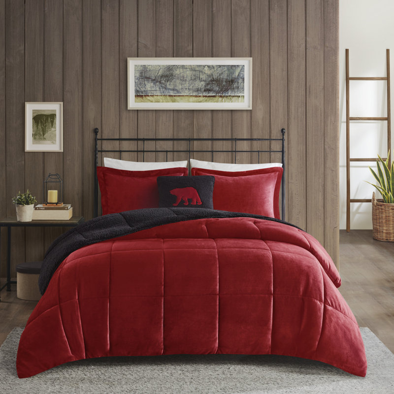 Alton Plush to Sherpa Down Alternative Ultra-Soft Comforter Set, Red/Black, Queen Comforter + 2 Shams + 1 Decorative Pillow