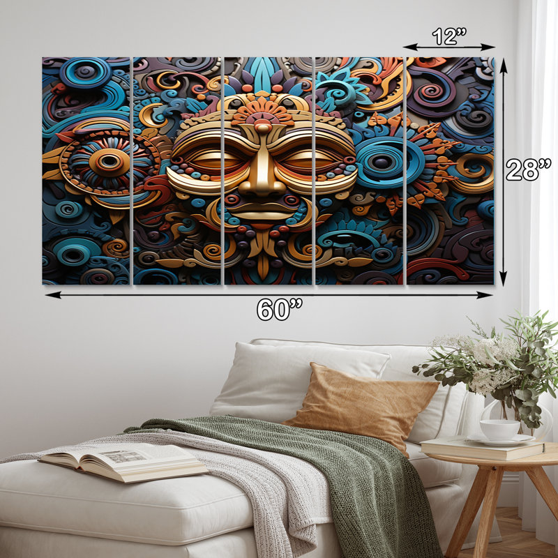 «Teal Gold Mexico Vibrant Aztec Mask I» sur toile, 5 pièces
