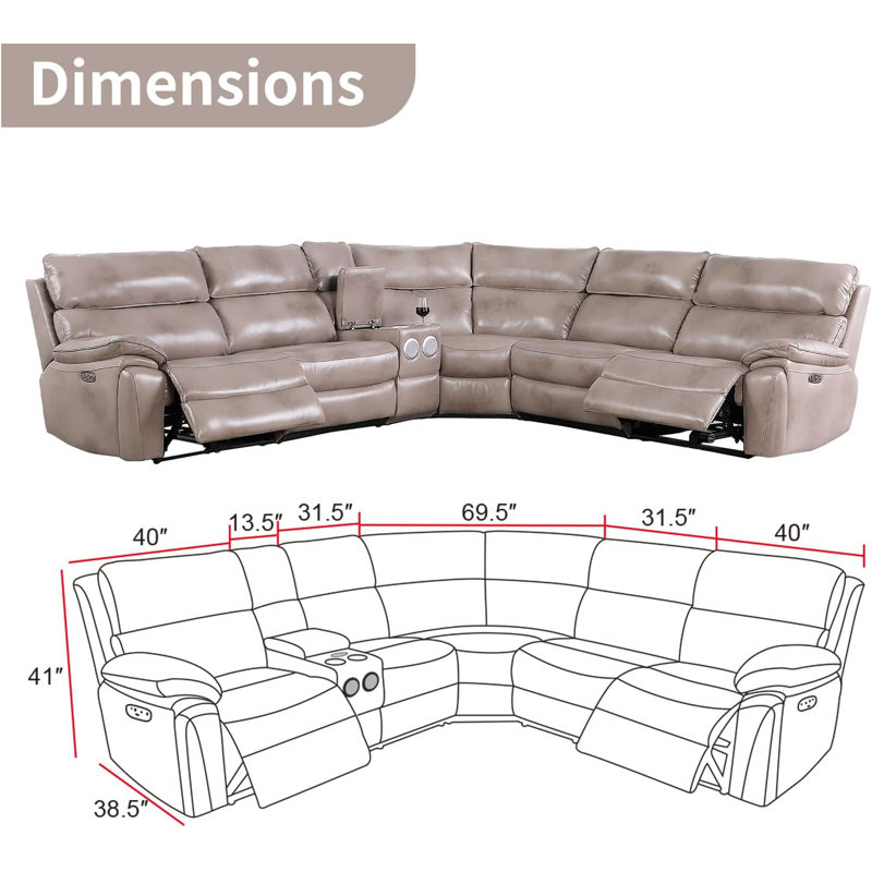 6-Piece Multifunctional Genuine Cowhide Leather Power Reclining Living Room Sectional Sofa Set With Bluetooth Speaker