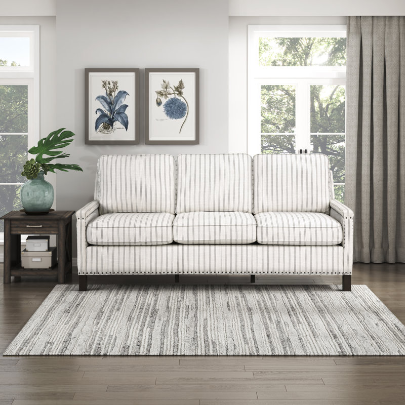 Lenzini 78" Modern and Contemporary Striped Textured Fabric Sofa with Nailhead Trim, Exposed Wood Feet
