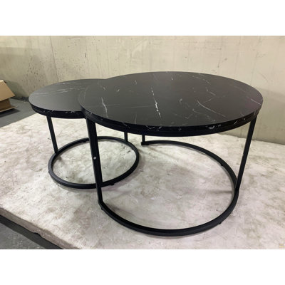 27.6" Nesting Coffee Table Set of 2, Round Coffee Table Wood Marble Pattern Top with Sturdy Metal Frame, End Table Side Tables