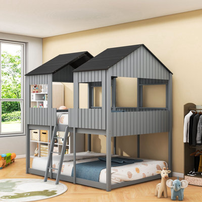 Lit superposé double en bois avec toit et échelle Pittsburg Kids