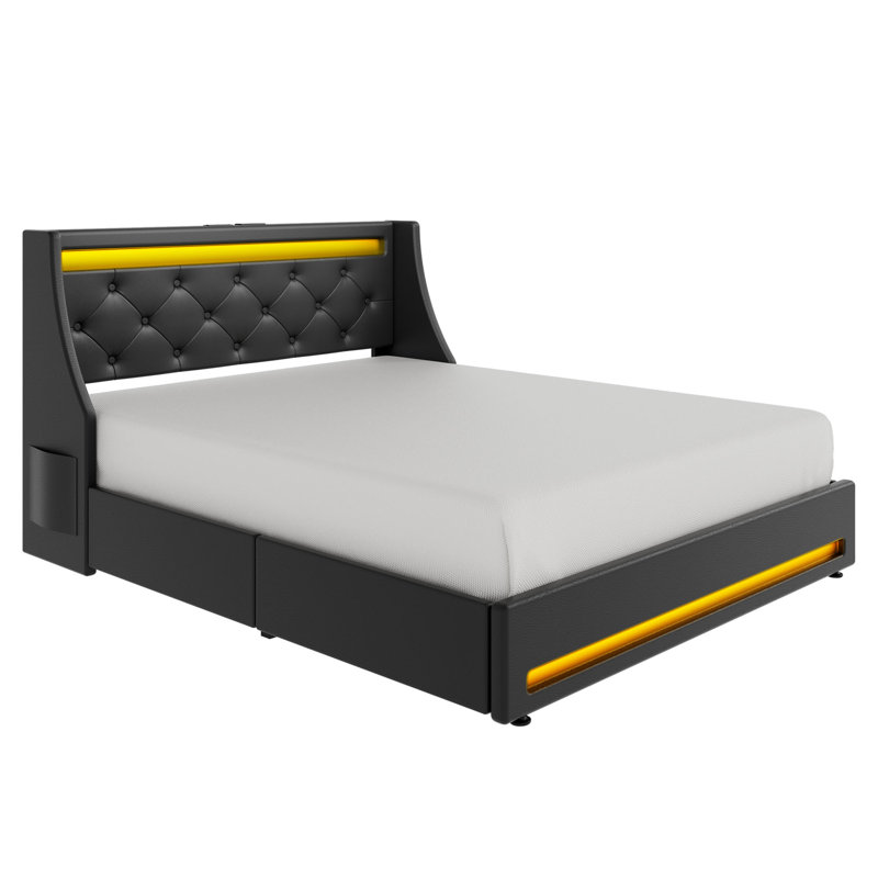 Upholstered Platform Bed Frame with Wingback Headboard & LED Lights& 4 Storage Drawers, Full/Double, Black