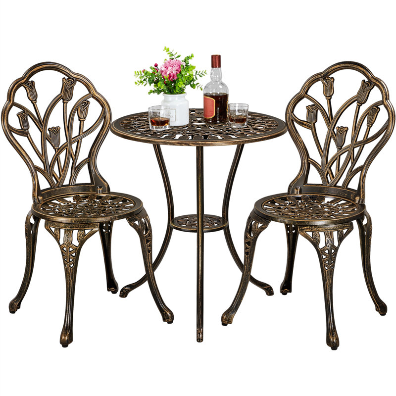 3 Piece Patio Bistro Table Set with Umbrella Hole, Bronze
