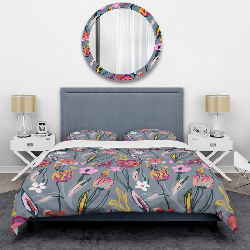 Fleurs grises - Ensemble de housse de couette floral - Polyester microfibre, Housse de couette pour très grand lit et 2 très