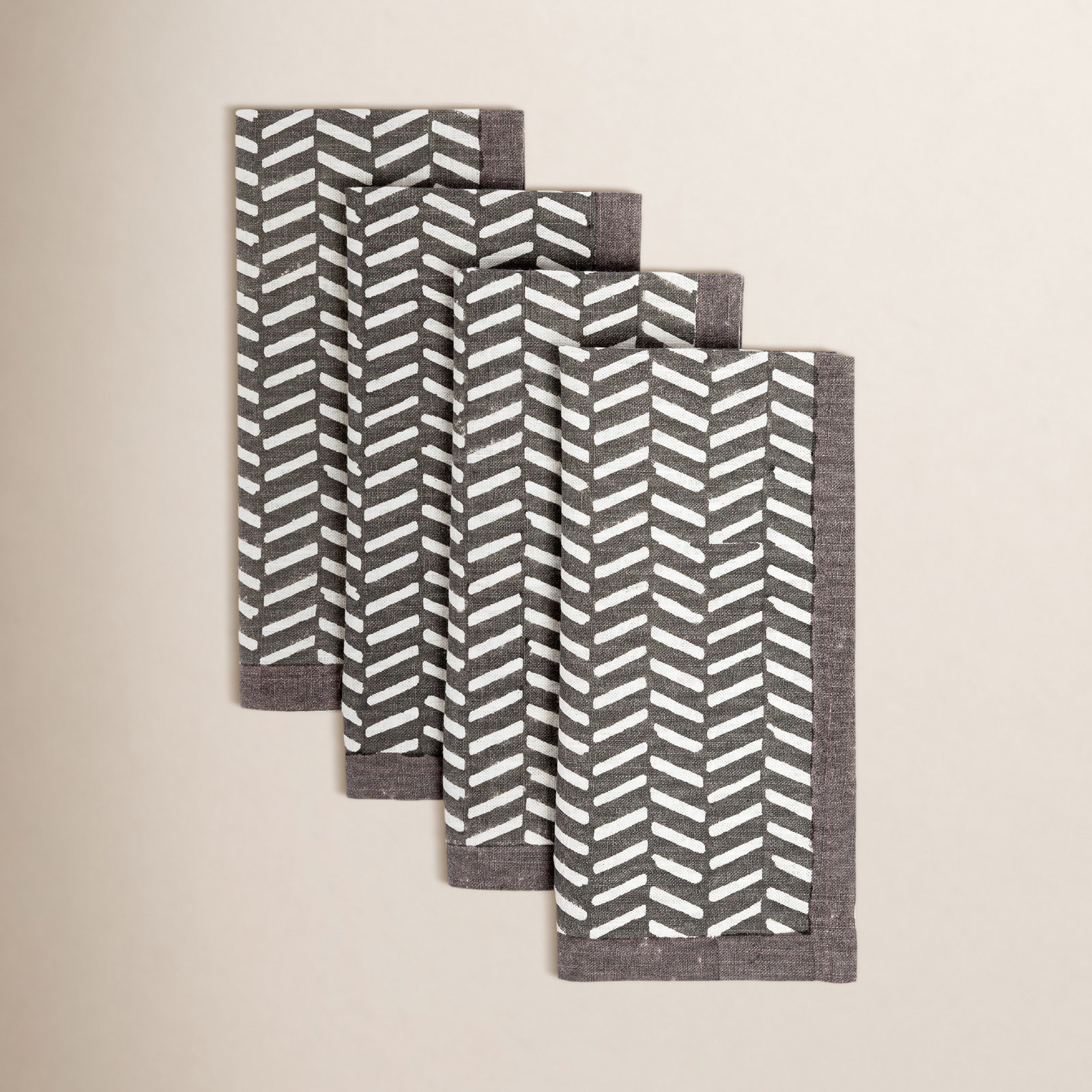 Hand-Blocked Cotton Napkin, Gray Herringbone