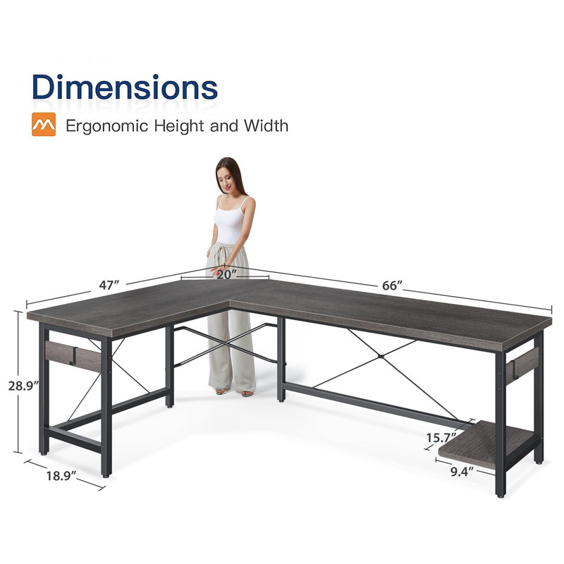 66" L Shaped Corner Computer Desk, Gray Oak/Black