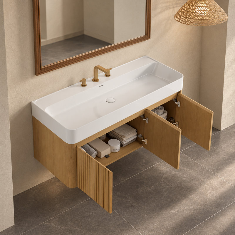 Meuble-lavabo mural avec lavabo en céramique intégré, armoire de rangement suspendue avec 3 trous prépercés pour robinetterie, chêne
