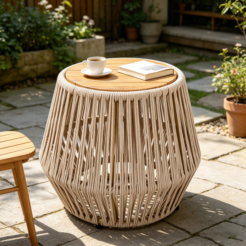 Table d'appoint d'extérieur avec plateau en bois d'acacia et base en corde pour patio et jardin, Beige