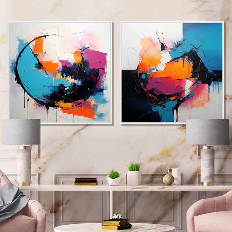 «Blue and Pink Paint Ink Expression IV», ensemble de 2 décorations murales abstraites fractales, Cadre blanc