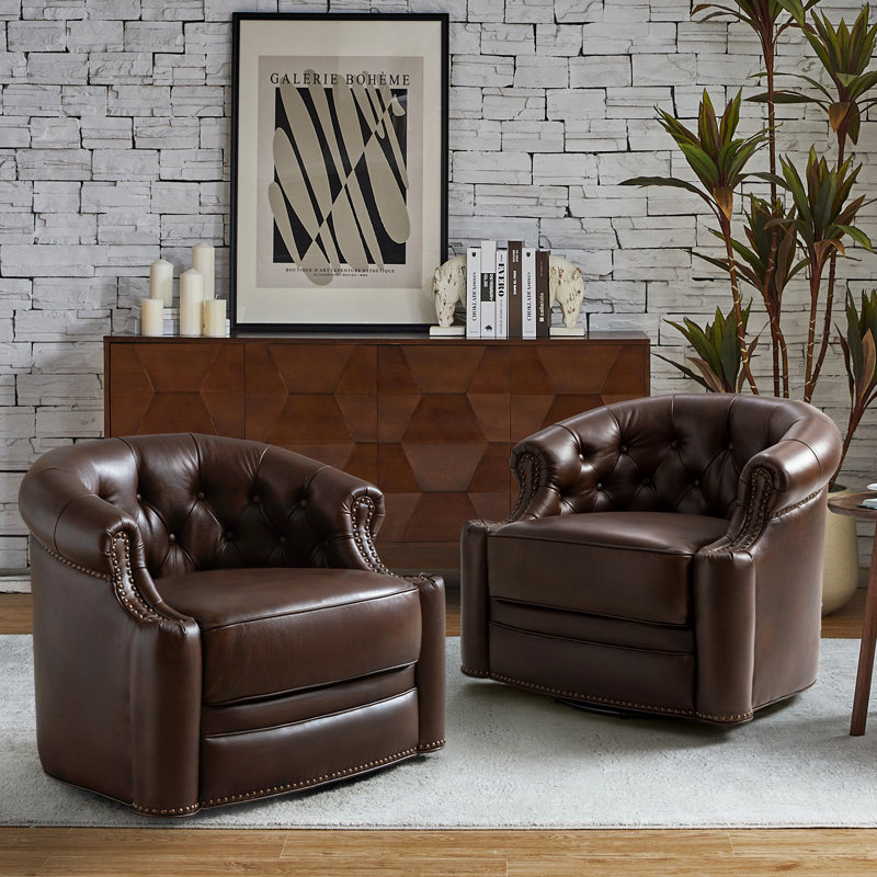 Ensemble de 2 chaises pivotantes en cuir véritable Tinsleigh (ensemble de 2), Cuir véritable gris anthracite
