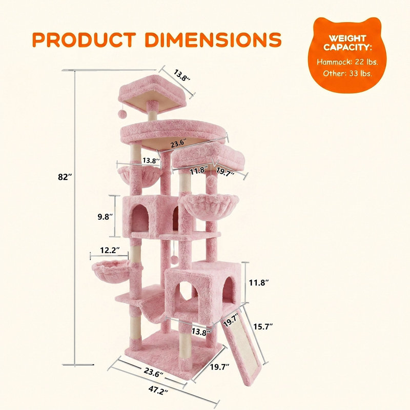 Tour pour arbre à chat multi-niveaux incurvée de 82 po de hauteur avec peluches, poteaux, hamacs et cachettes, Pink