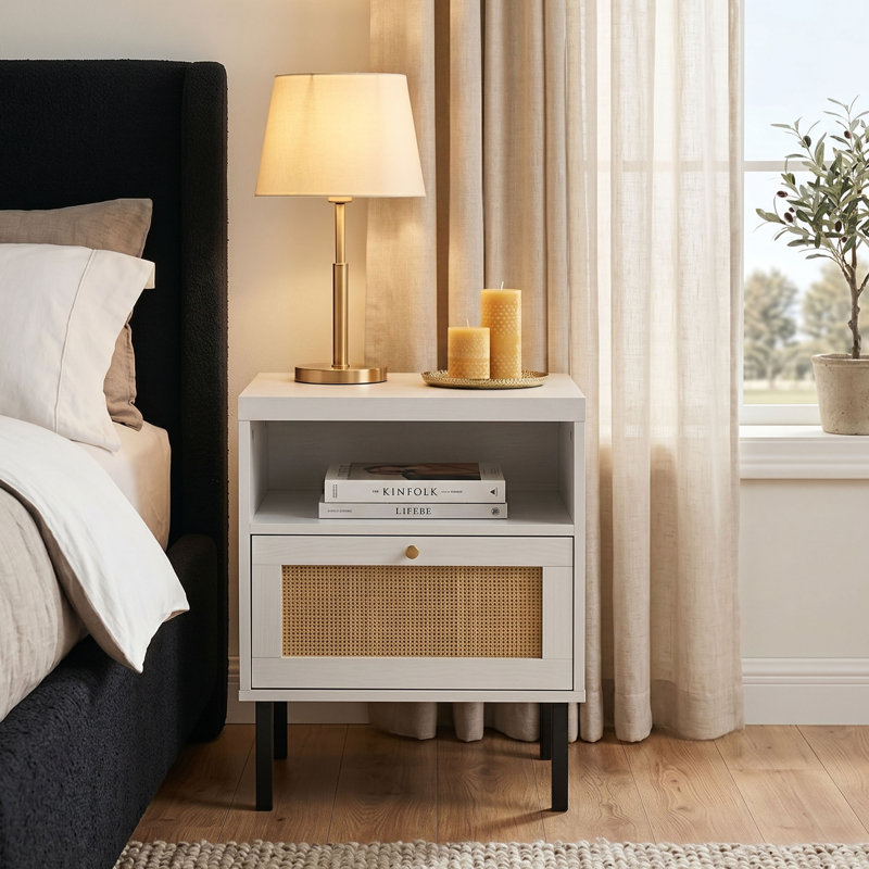 Aimara Rectangular Nightstand with Rattan Door, White, Set of 2