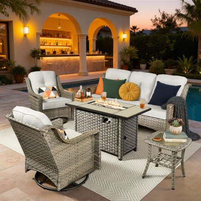Emanuell 5 - Person Wicker Outdoor Conversation Set, Patio Sofa & Swivel Chair Set with Fire Pit and Cushions