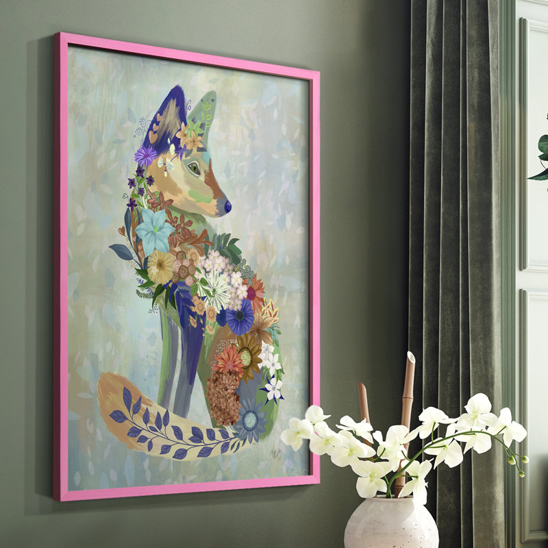 Fantastic Florals Fox, assis, reproduction encadrée - bois massif, Black, H 28 po x l 22 po