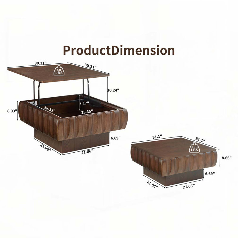 31.1" Lift-Top Walnut Coffee Table with Hidden Storage, Walnut