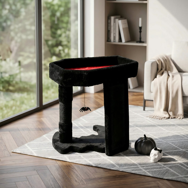 Tour à chat gothique avec lit de chat en cercueil pour chats d'intérieur, griffoir d'Halloween effrayant pour chat, poteau à griffes en sisal, jouets araignée pendante, noir avec rouge