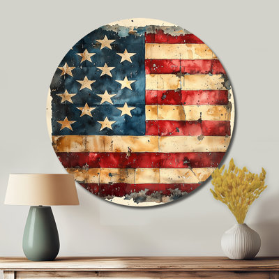 Drapeau des États-Unis ou liberté dans un style rétro - art mural en métal bleu traditionnel, impression métallique ronde des États-Unis