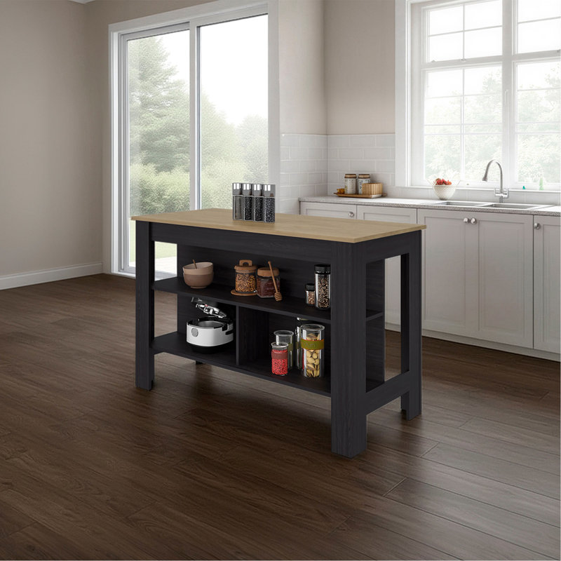 Ruso Kitchen Island, 3 Spacious open Shelves, Modern Design,  Black Wengue / Natural Oak, Black