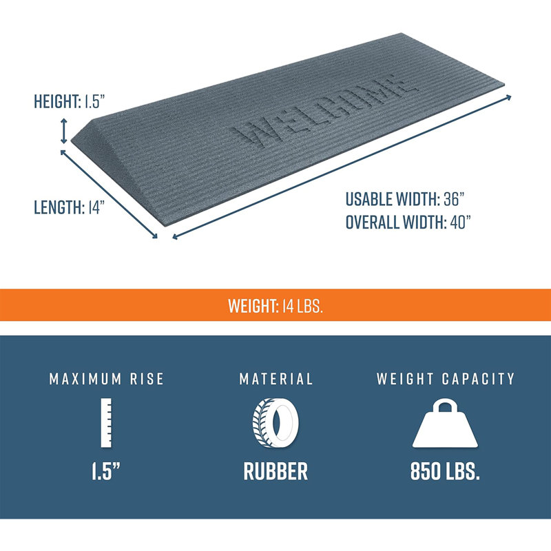 EZ-ACCESS TRANSITIONS 1.5" Rectangular Rubber Angled Welcome Entry Mat, Grey
