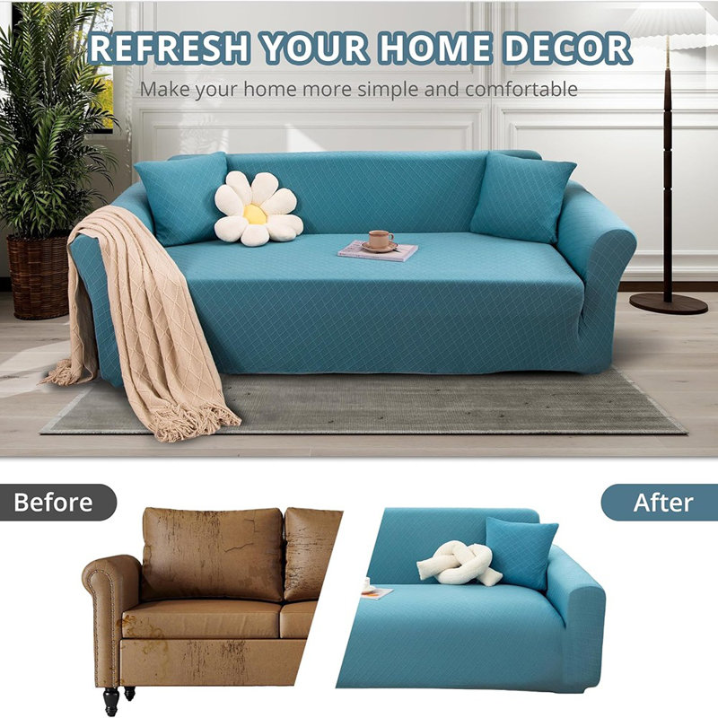 Stretch Couch Cover – Checkered Pattern Blue – 3-Seater, Pet-Friendly, Washable, Elastic-Bottom Sofa Protector