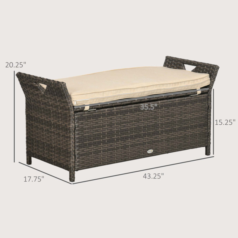 27 Gallon Patio Wicker Storage Bench, Outdoor PE Rattan Patio Furniture, 2-In-1 Large Capacity Rectangle Garden Storage Box With Handles And Cushion, Cream White