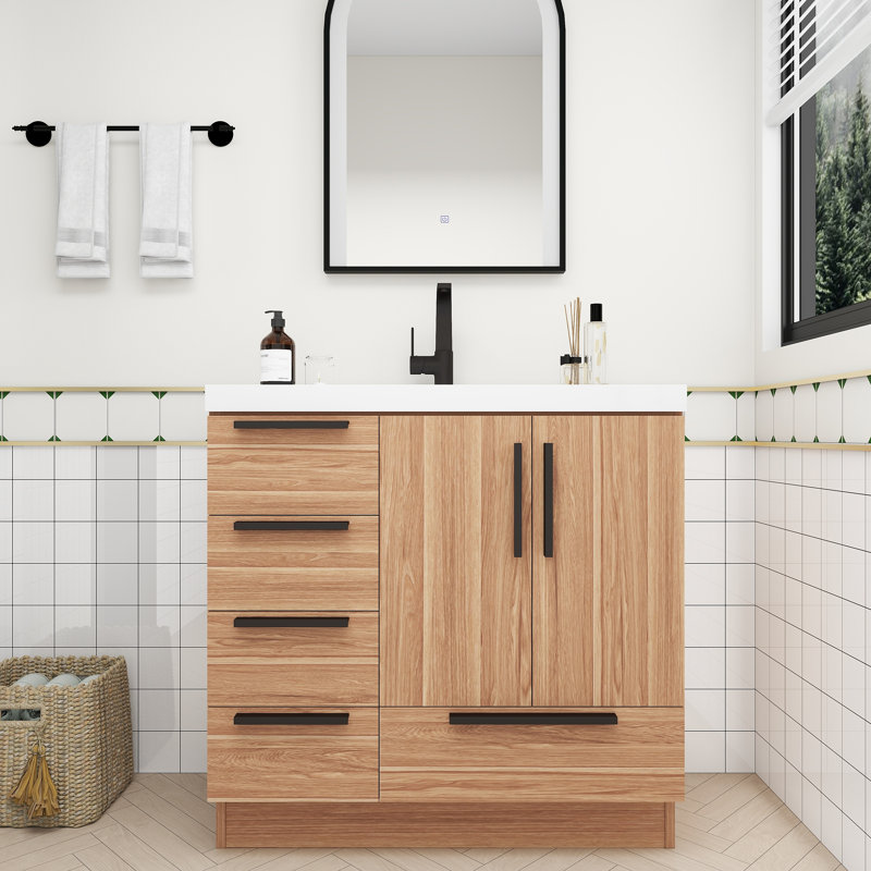 Meuble-lavabo autoportant avec tiroirs latéraux Carla, Chêne blanc, 35"